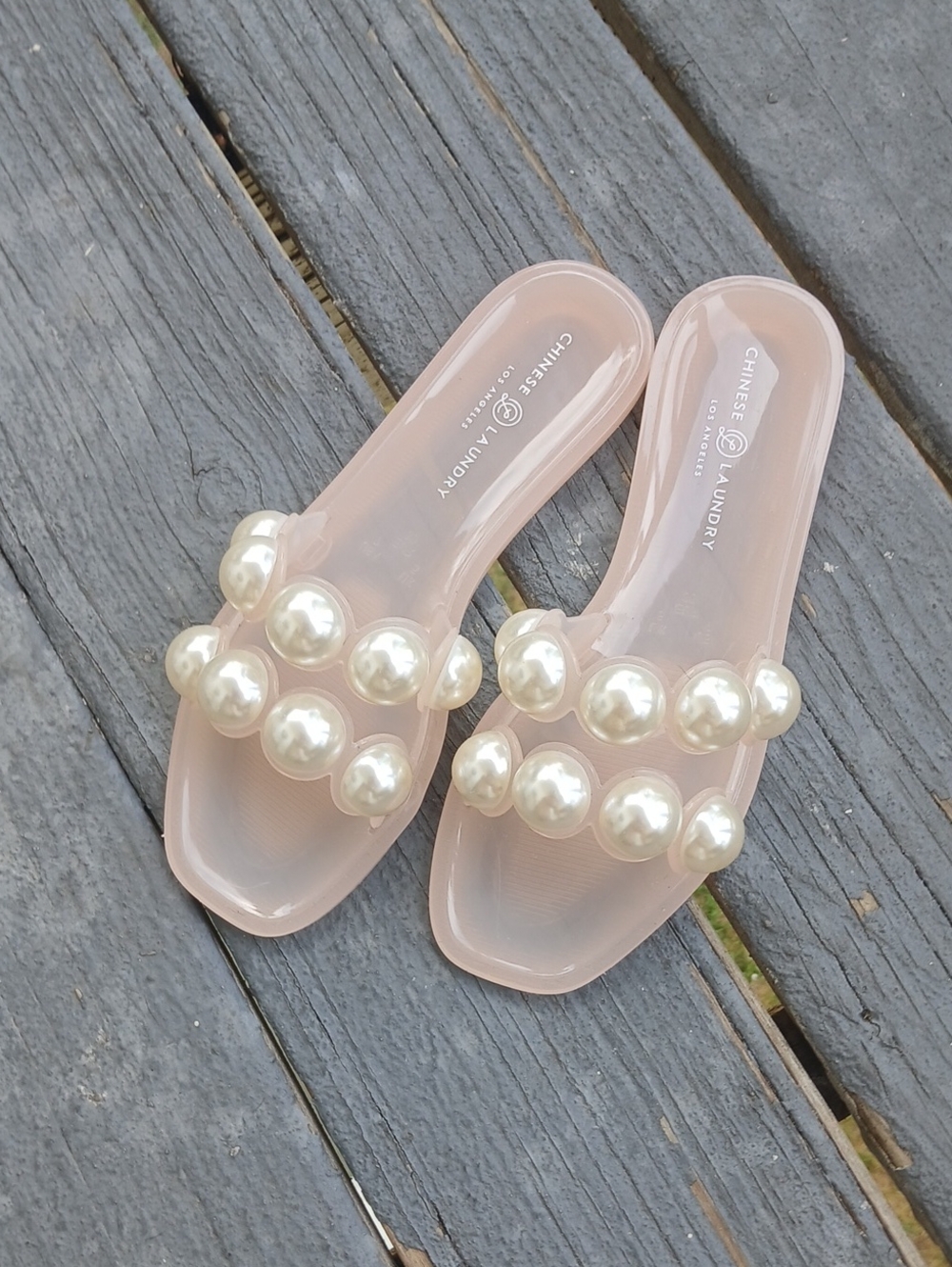 Chinese Laundry Blush Pink Pearl-Embellished Slide Sandals